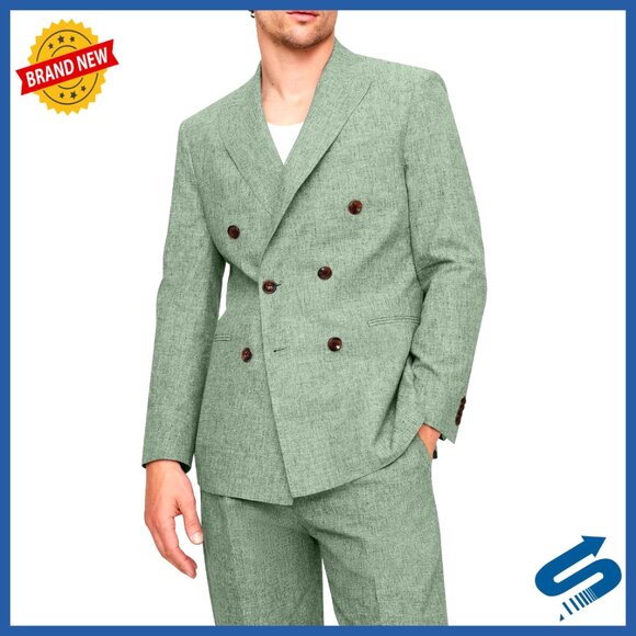Men's Linen Blend Suit Set Double Breasted Blazer Adjustable Waist Pants